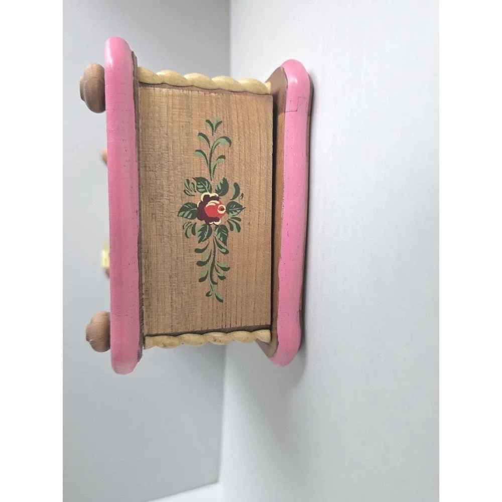 Vintage Hand Painted Wooden Music Jewelry Box Folk Art Floral - Made in Japan
